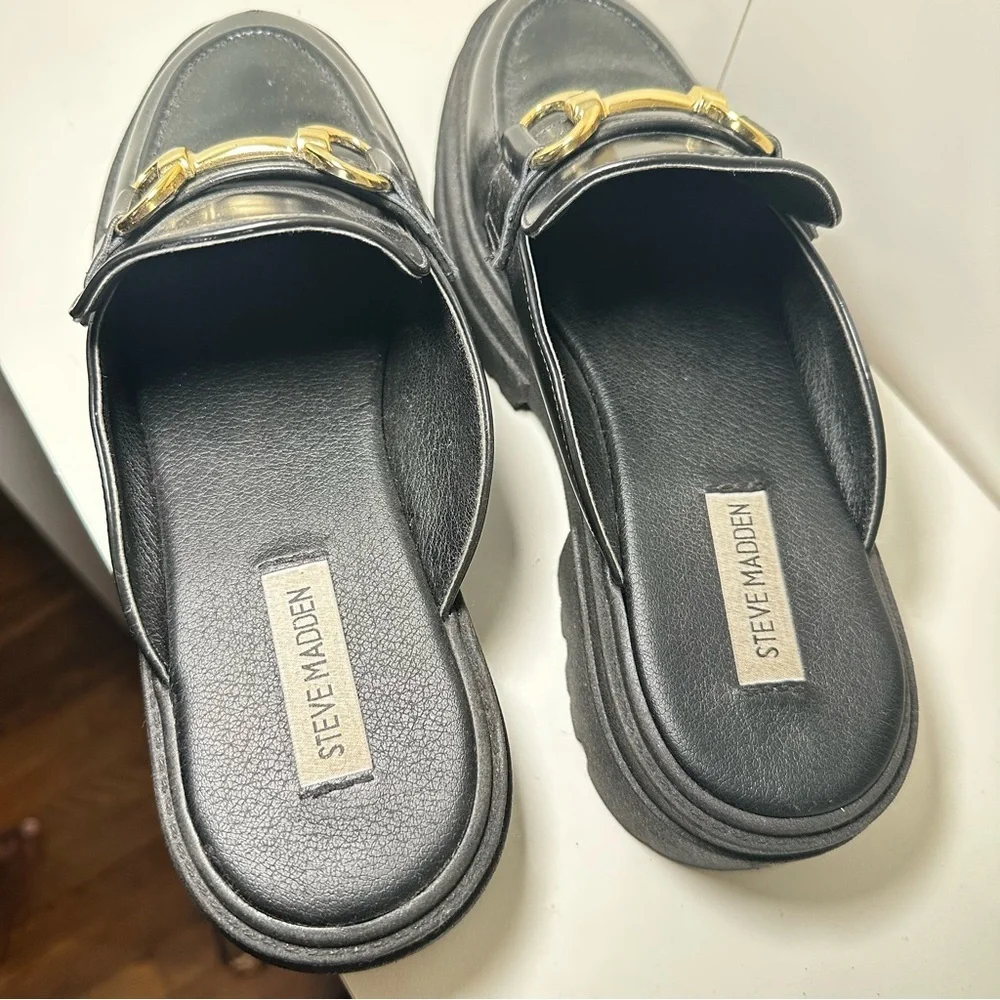 Steve Madden Black Mules with Gold Accents - Picture 5 of 9